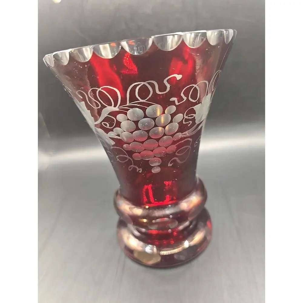 Vintage Egermann Style Ruby Cut To Clear Vase With Grapes and Vines 6